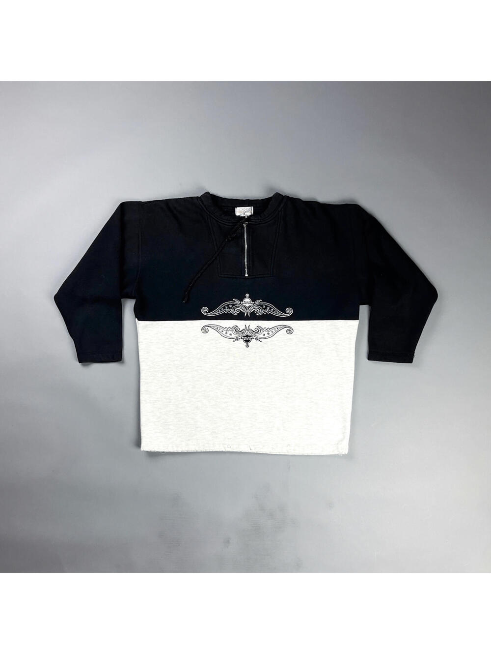 Vintage Women's Sweatshirt ,90's Black & White Quarter Zip Sweater w/ Embroidery